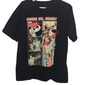 Ninja Vs. Robot Graphic Black T-Shirt Youth M 7/8 Place 100% Cotton Crewneck Sho